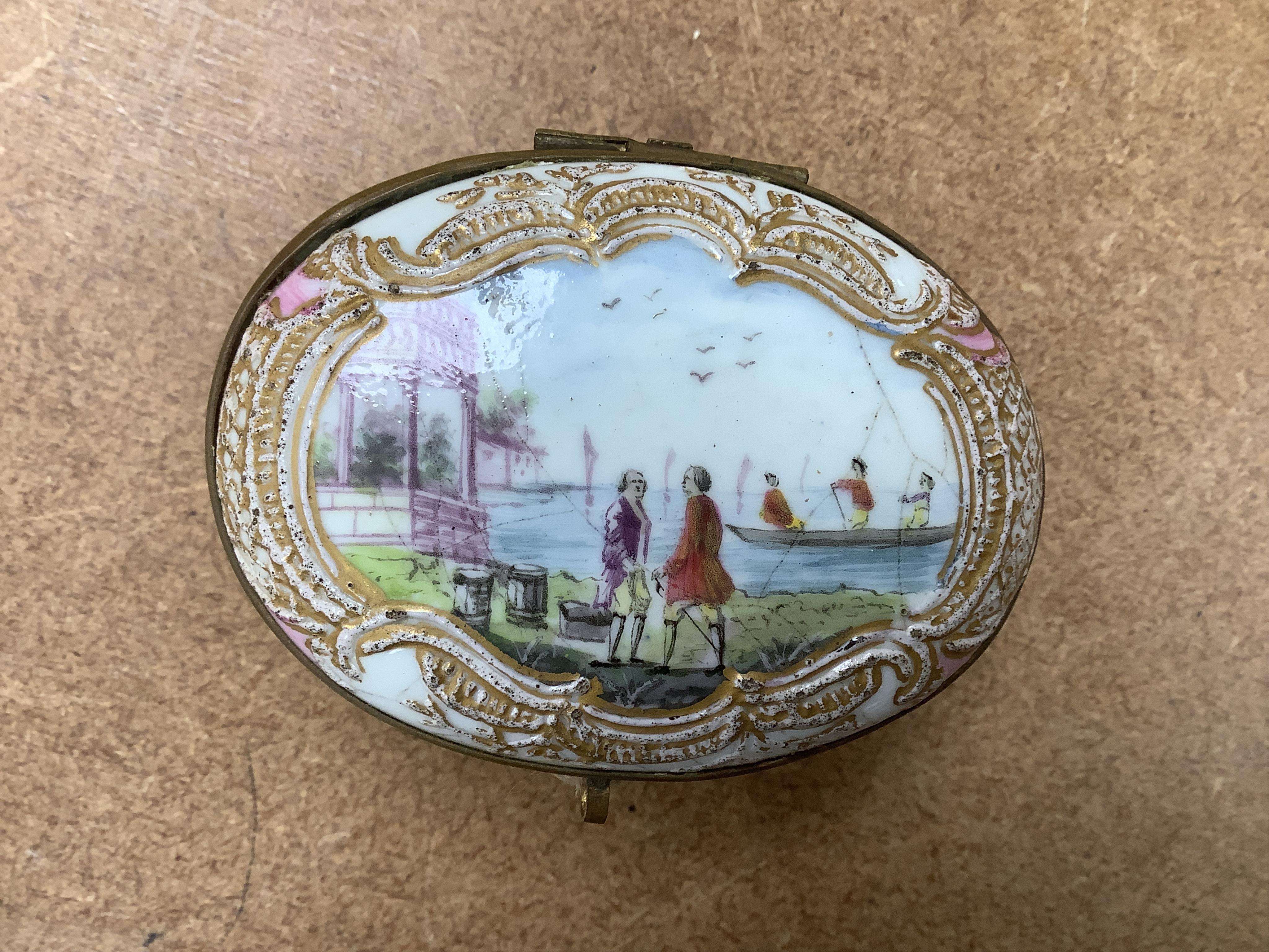 Five various fairings, a Carlton China figurative ornament and a 19th century Sevres style oval box, tallest Modesty 9.5cm high. Condition - some chips, poor